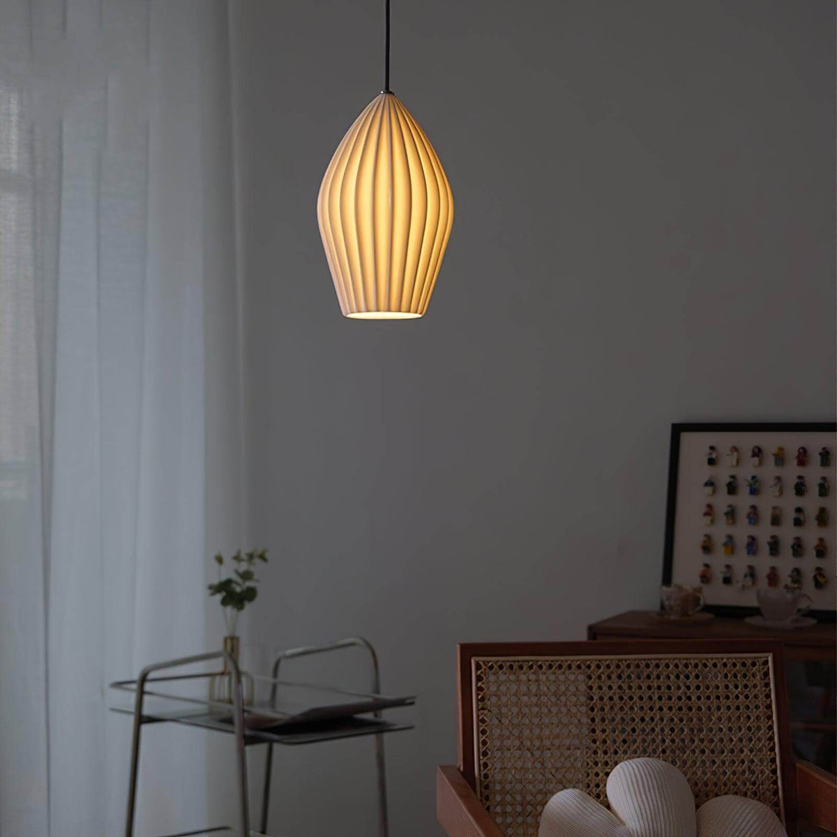 Ceramic Hanging Light Fixture White Ribbed Shade E14 Socket for Kitchen Island Dining Room Table Ceiling Adjustable Cord