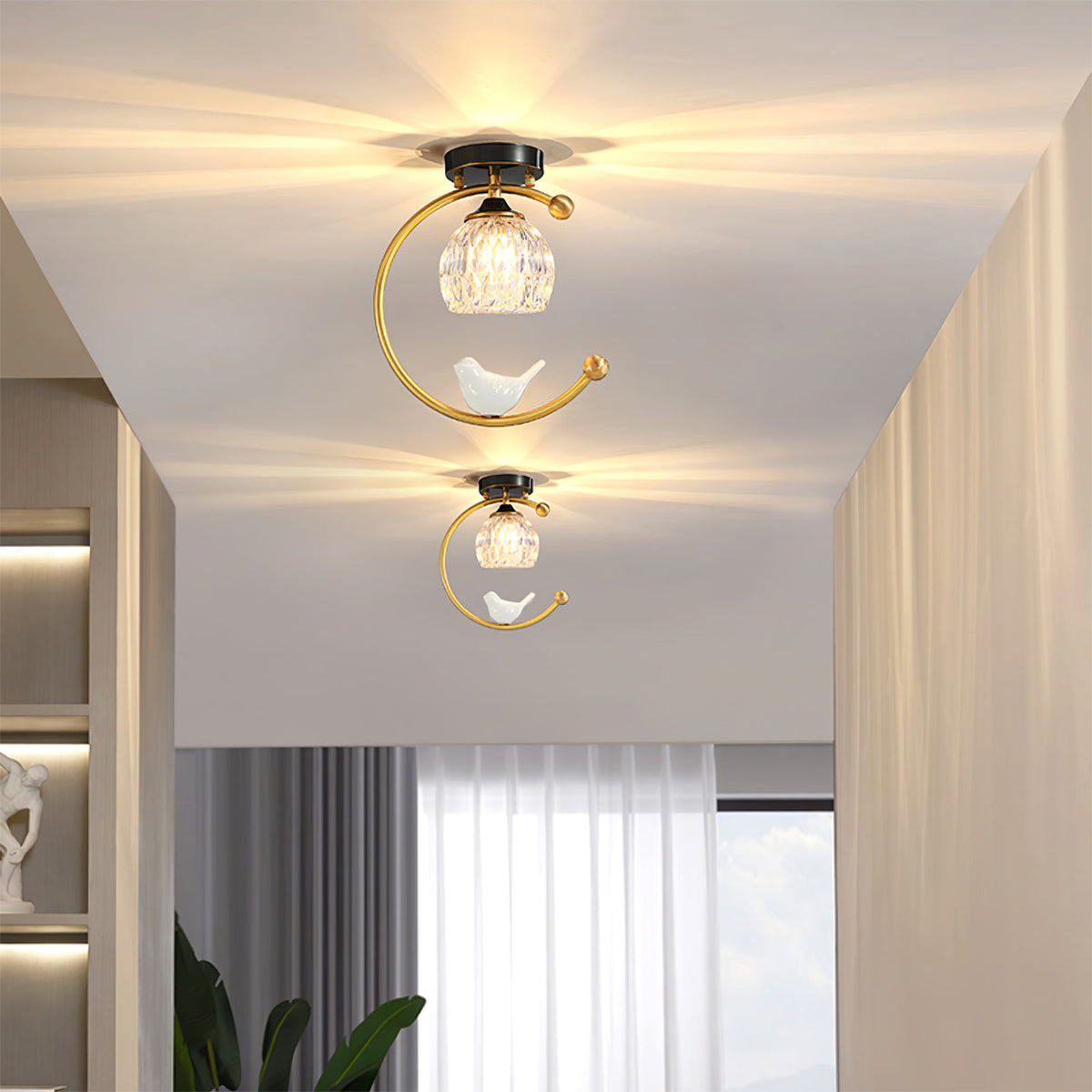 Decorative Bird Pendant Light with Brass Frame & Glass Shade for Bedroom, Dining Room & Living Room | Indoor Hanging Fixture 9 in × 11 in