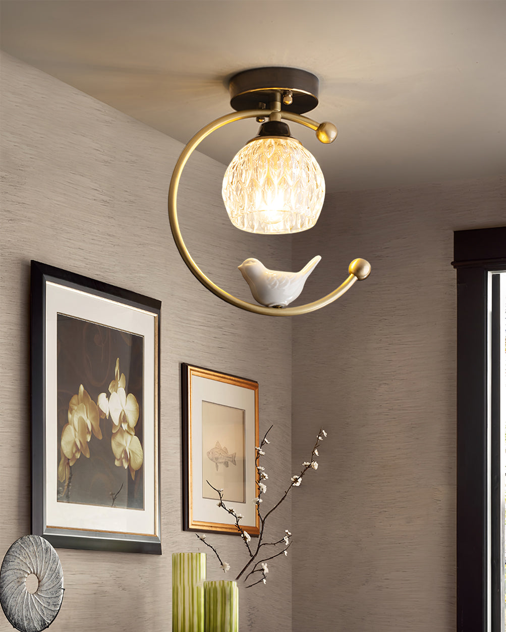 Decorative Bird Pendant Light with Brass Frame & Glass Shade for Bedroom, Dining Room & Living Room | Indoor Hanging Fixture 9 in × 11 in