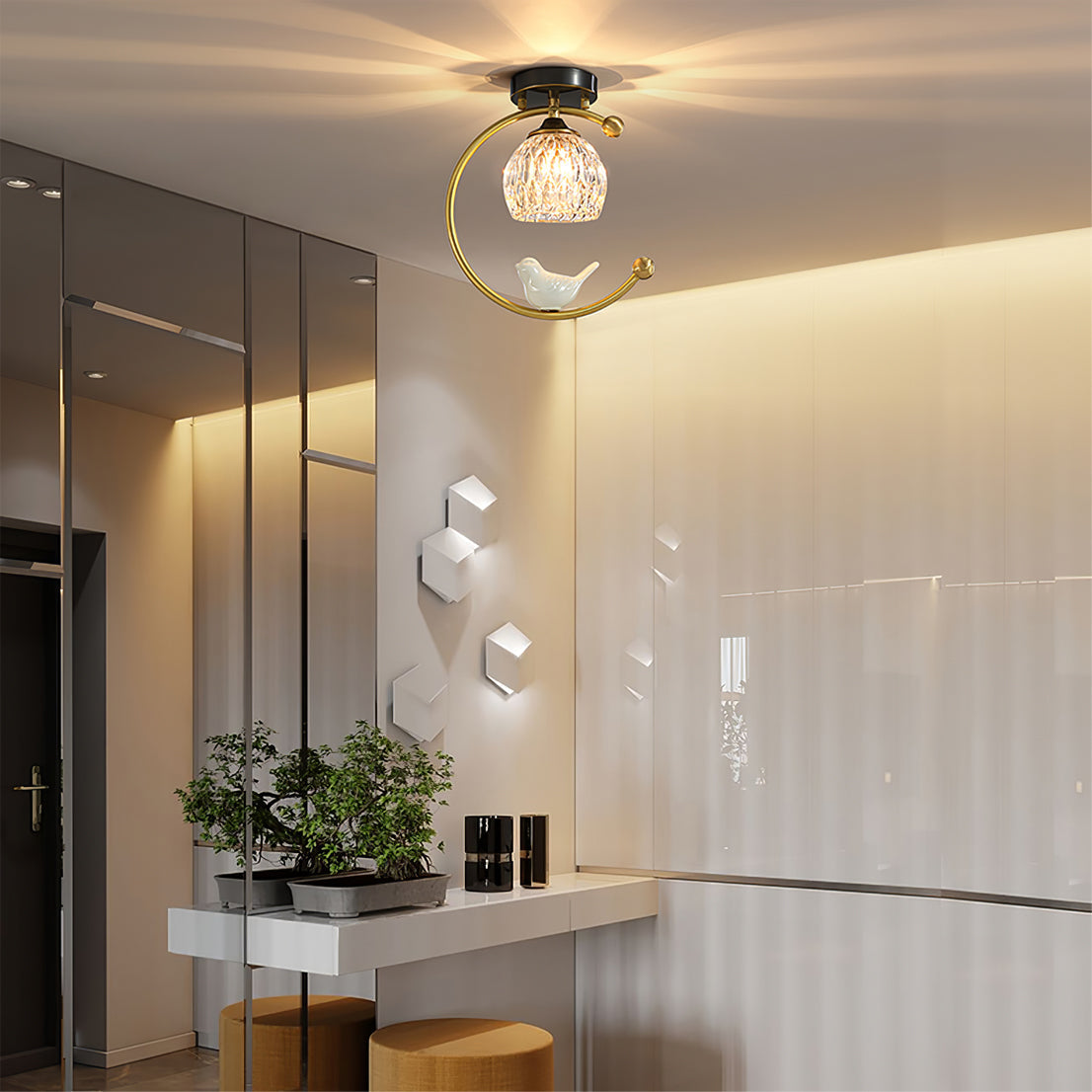 Decorative Bird Pendant Light with Brass Frame & Glass Shade for Bedroom, Dining Room & Living Room | Indoor Hanging Fixture 9 in × 11 in