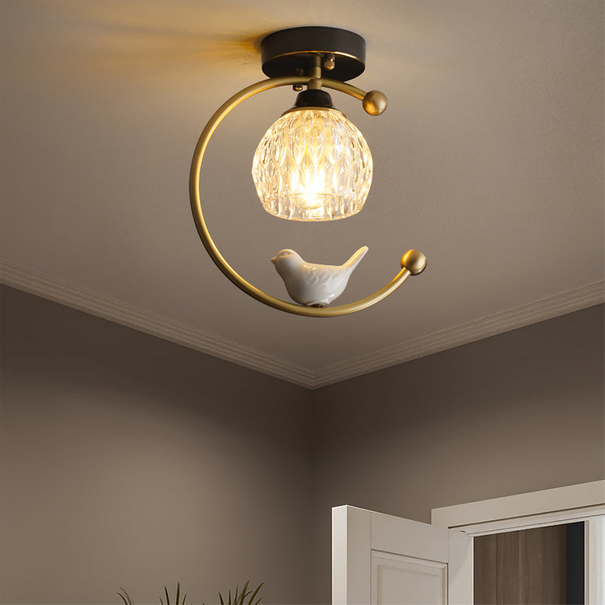 Decorative Bird Pendant Light with Brass Frame & Glass Shade for Bedroom, Dining Room & Living Room | Indoor Hanging Fixture 9 in × 11 in