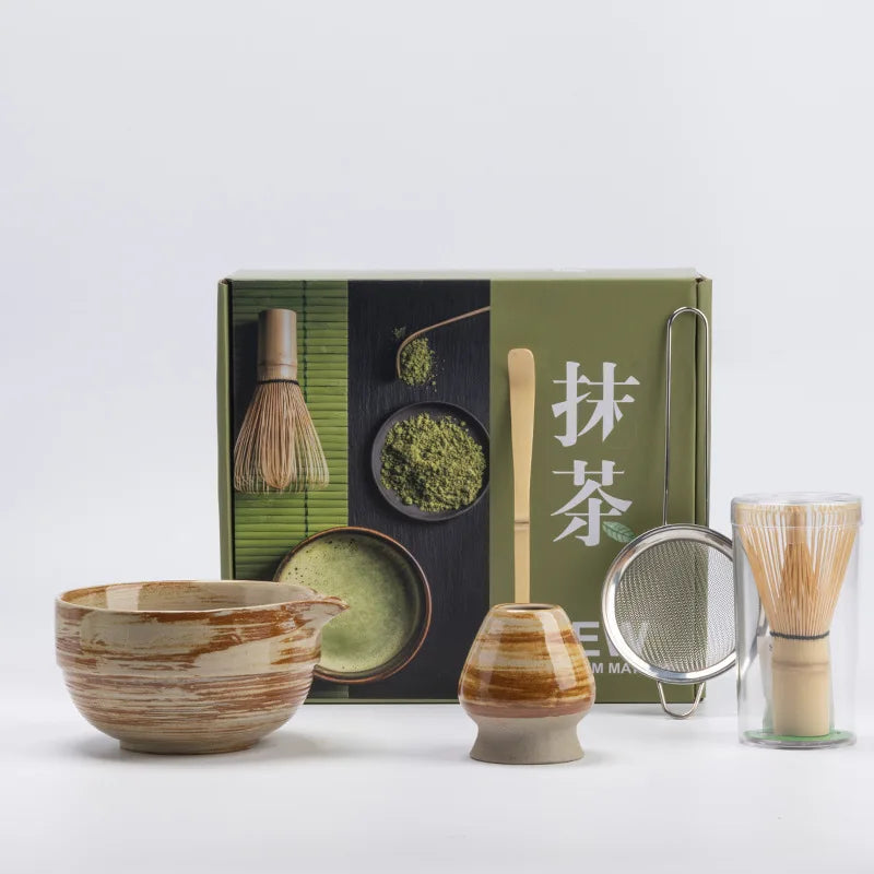 Bamboo Matcha Whisk and Bowl Set 5 Piece, Ceramic Matcha Set with Whisk Holder Scoop and Sifter, Hand Glazed Stoneware Matcha Bowl