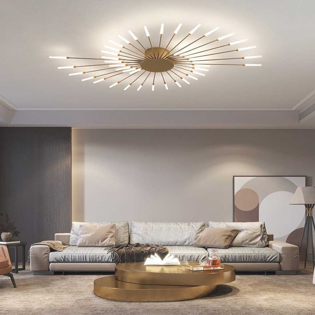 Semi-Flush Mount LED Light Fixture Aluminum 32 in Radial Design Black Gold for Living Room Bedroom Dining Room Contemporary Home Decor