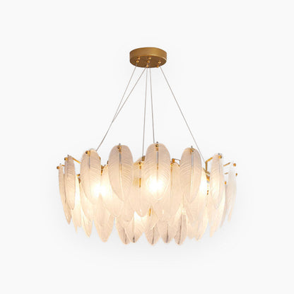 Glass Feather Ceiling Light Fixture 20 in Round Gold White LED Adjustable Color Temp for Dining Living Bedroom Contemporary Home Decor