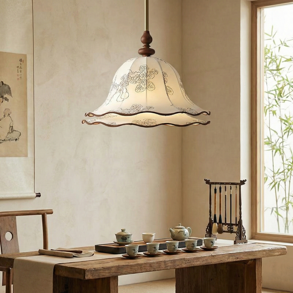 Hanging Fixture with Floral Fabric Shade 9.8-Inch Mixed Material Finish Gold Walnut Accents for Dining Room Kitchen Island Living Space Adju