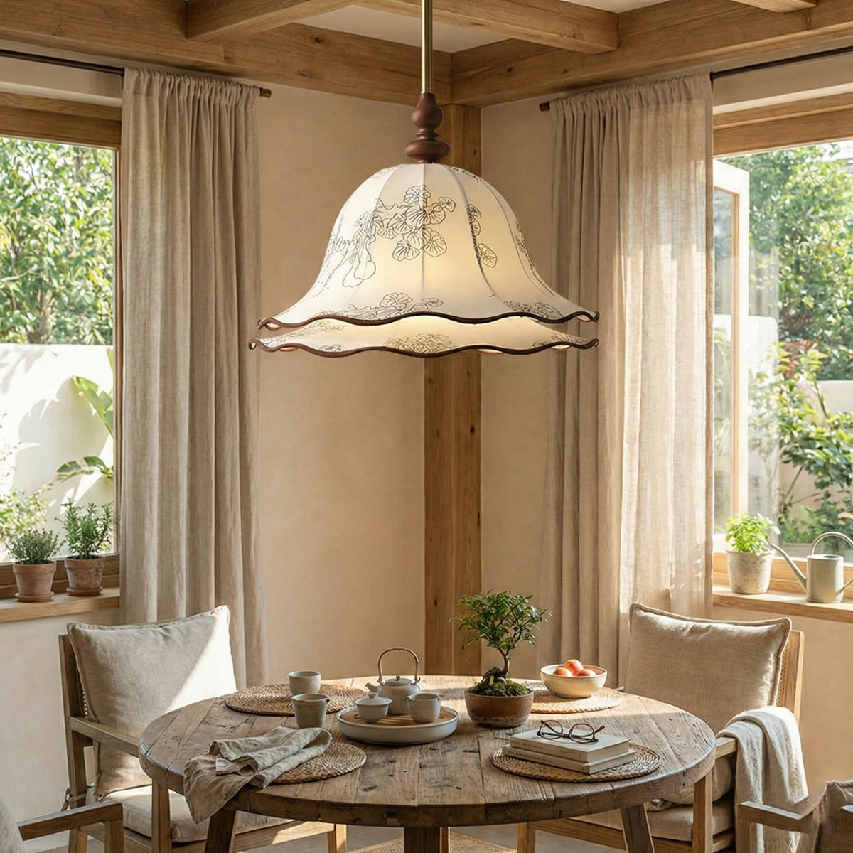 Hanging Fixture with Floral Fabric Shade 9.8-Inch Mixed Material Finish Gold Walnut Accents for Dining Room Kitchen Island Living Space Adju