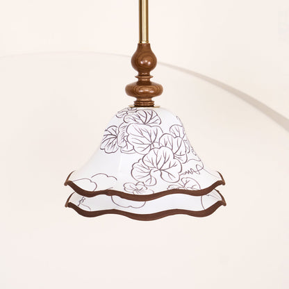 Hanging Fixture with Floral Fabric Shade 9.8-Inch Mixed Material Finish Gold Walnut Accents for Dining Room Kitchen Island Living Space Adju