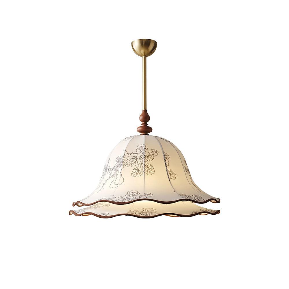 Hanging Fixture with Floral Fabric Shade 9.8-Inch Mixed Material Finish Gold Walnut Accents for Dining Room Kitchen Island Living Space Adju