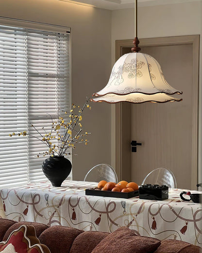 Hanging Fixture with Floral Fabric Shade 9.8-Inch Mixed Material Finish Gold Walnut Accents for Dining Room Kitchen Island Living Space Adju