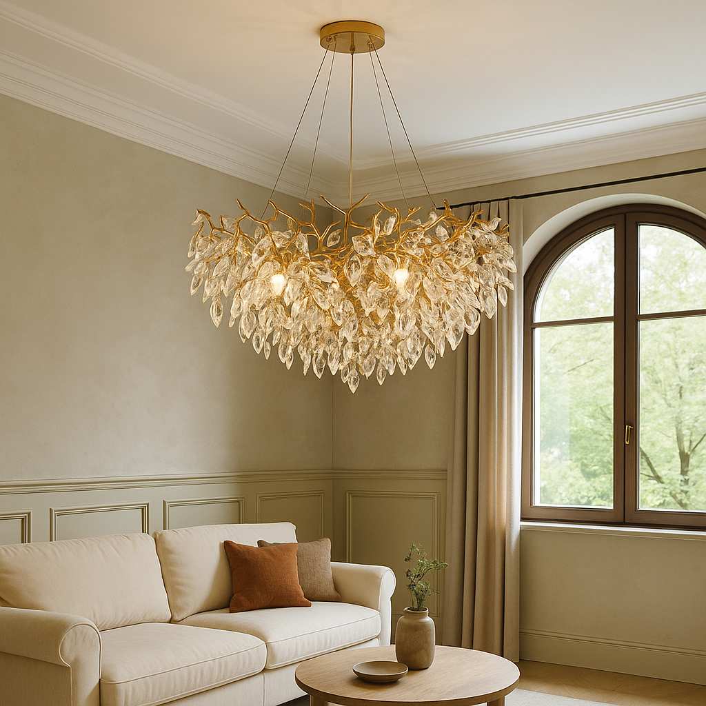 Round Crystal Chandelier 31.5 in Diameter Gold Finish Warm White LED for Dining Room Living Room Hallway Adjustable Height Ceiling Light for