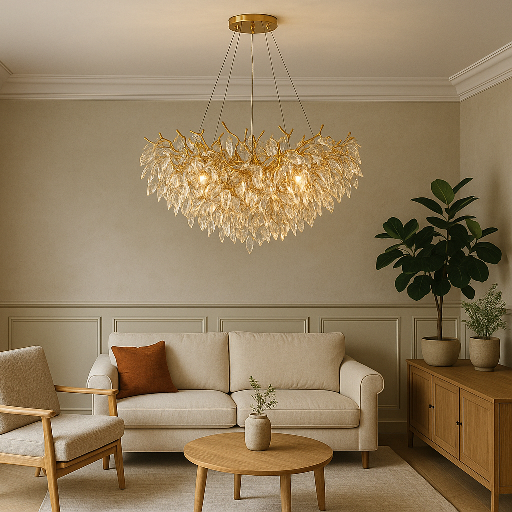 Round Crystal Chandelier 31.5 in Diameter Gold Finish Warm White LED for Dining Room Living Room Hallway Adjustable Height Ceiling Light for