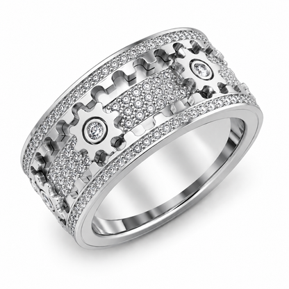 Rotating Gear Ring with 6 Moving Cogs – Stainless Steel Fidget Spinner Ring with Cubic Zirconia Stones for Focus & Stress Relief