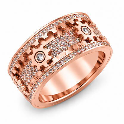Rotating Gear Ring with 6 Moving Cogs – Stainless Steel Fidget Spinner Ring with Cubic Zirconia Stones for Focus & Stress Relief
