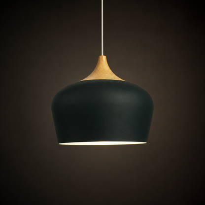 Dome Pendant Light with Adjustable Cord – Aluminum & Wood Accent for Dining Room, Kitchen Island & Reading Nook
