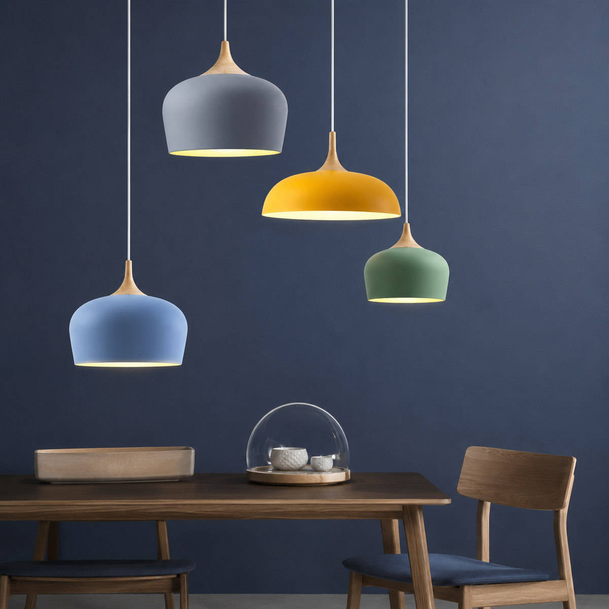 Dome Pendant Light with Adjustable Cord – Aluminum & Wood Accent for Dining Room, Kitchen Island & Reading Nook