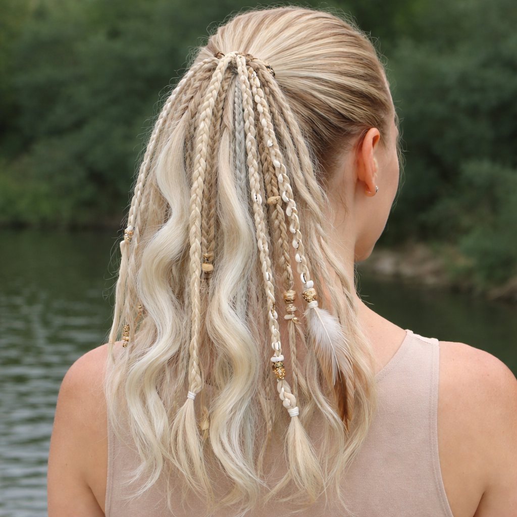 Coleta de extensiones de cabello estilo boho con cuentas y conchas: look de festival instantáneo para mujer