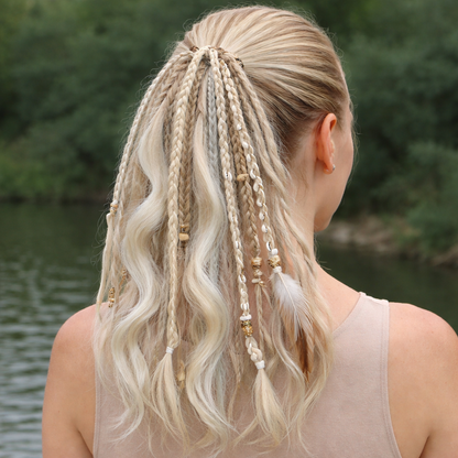 Coleta de extensiones de cabello estilo boho con cuentas y conchas: look de festival instantáneo para mujer