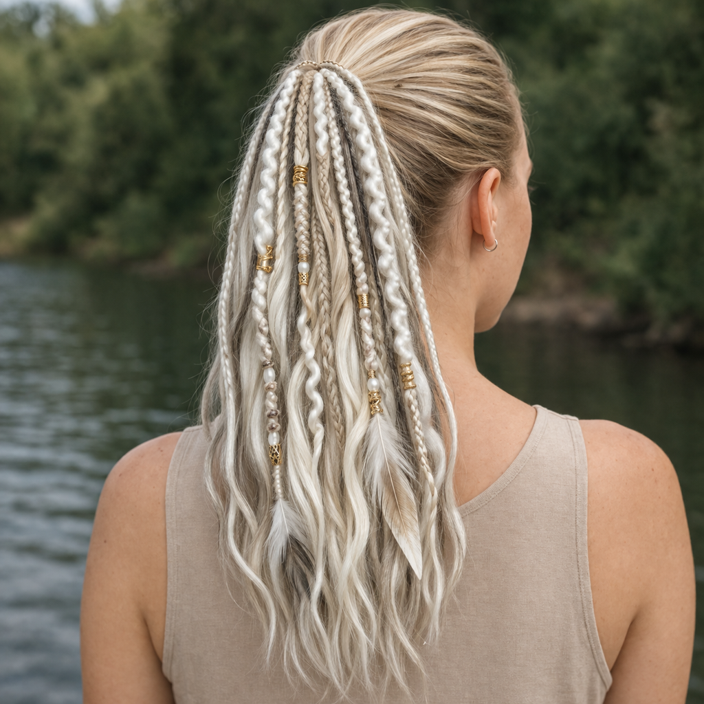 Coleta de extensiones de cabello estilo boho con cuentas y conchas: look de festival instantáneo para mujer