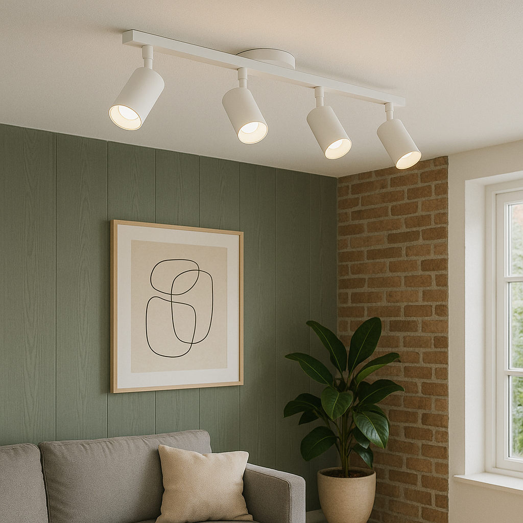 Four-Head Track Spotlight Fixture for Kitchen & Living Room | Directional Aluminum Rail Lighting in Black or White Finish | GU10 Socket Comp