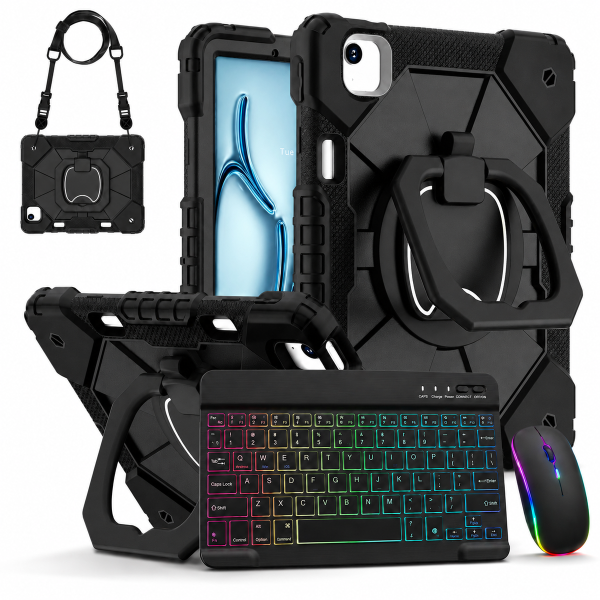 Rugged iPad Case with Backlit Wireless Keyboard & Mouse Bundle – Rotating Ring Grip, Kickstand, Shoulder Strap & Apple Pencil Slot for