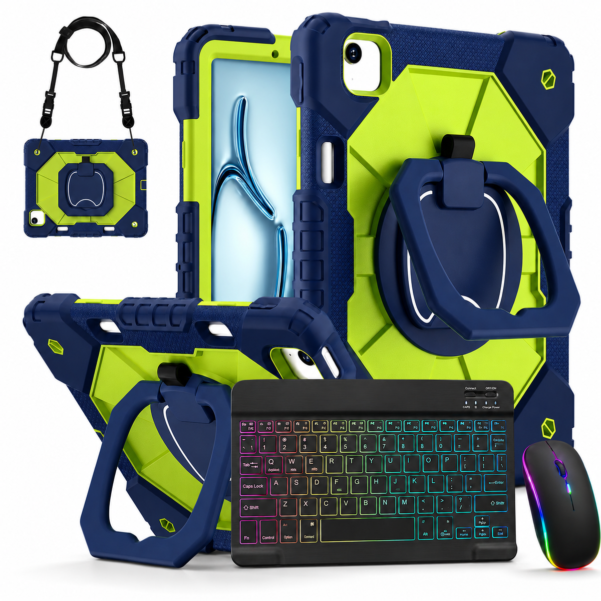 Rugged iPad Case with Backlit Wireless Keyboard & Mouse Bundle – Rotating Ring Grip, Kickstand, Shoulder Strap & Apple Pencil Slot for