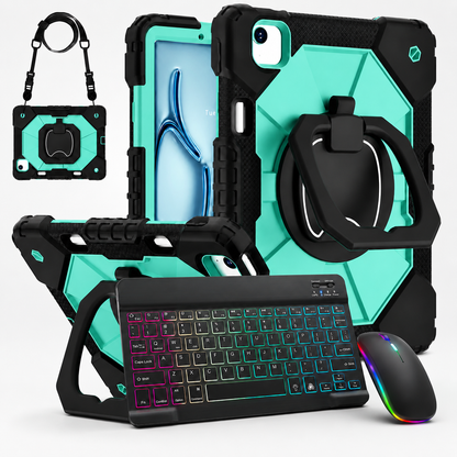 Rugged iPad Case with Backlit Wireless Keyboard & Mouse Bundle – Rotating Ring Grip, Kickstand, Shoulder Strap & Apple Pencil Slot for