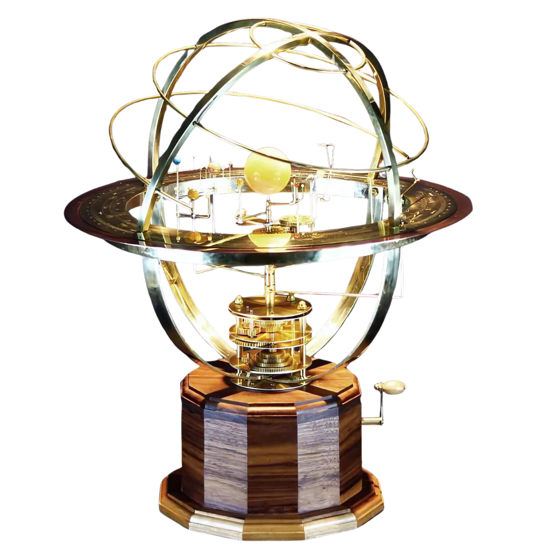 Brass Mechanical Solar System Model with Gemstone Planets & Moons Oak Base Moving Orbit Desk Orrery Educational Science Display Home Decor