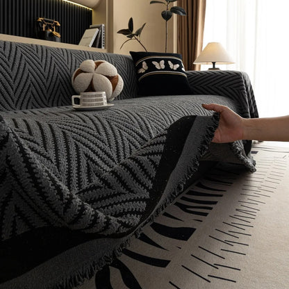 Textured Throw Blanket with Fringe Trim for Sofa | Modern Chevron Weave Furniture Protector & Decorative Accent
