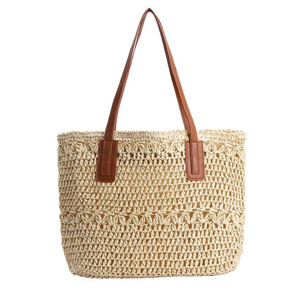 Ortekor Chic Straw Tote Bag with Leather Straps | Stylish Beach Bag for Everyday Use
