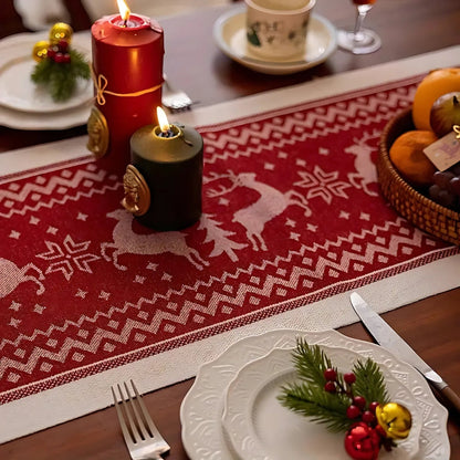 Everly Christmas Table Runner - Soft Microfiber, Elk Design with Tasseled Edges