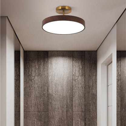 Round LED Flush Mount Ceiling Light with Faux Wood Finish – Iron Frame, Integrated Panel, 220-240V – For Bedroom, Living Room, Dining Room