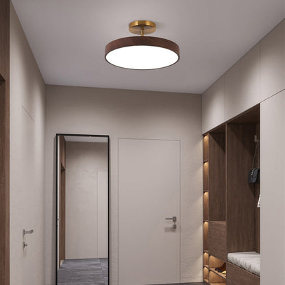 Round LED Flush Mount Ceiling Light with Faux Wood Finish – Iron Frame, Integrated Panel, 220-240V – For Bedroom, Living Room, Dining Room