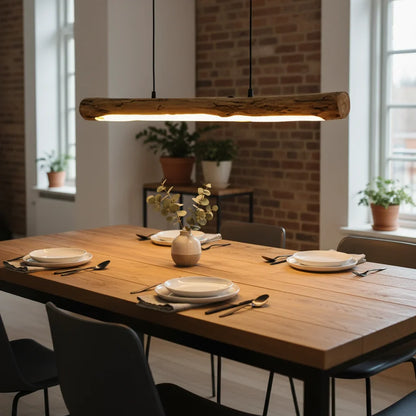 Dimmable Wood Pendant Light 31.5" Long Linear Ceiling Fixture Natural Grain Black Metal 1920 Lumen LED Warm White 3000K Adjustable Height