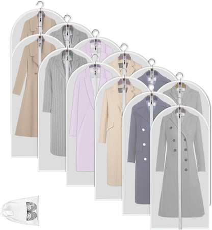 Fundas protectoras transparentes de PEVA para ropa | Cubiertas impermeables con cremallera completa | Paquete de 12 para protección contra el polvo y fácil acceso