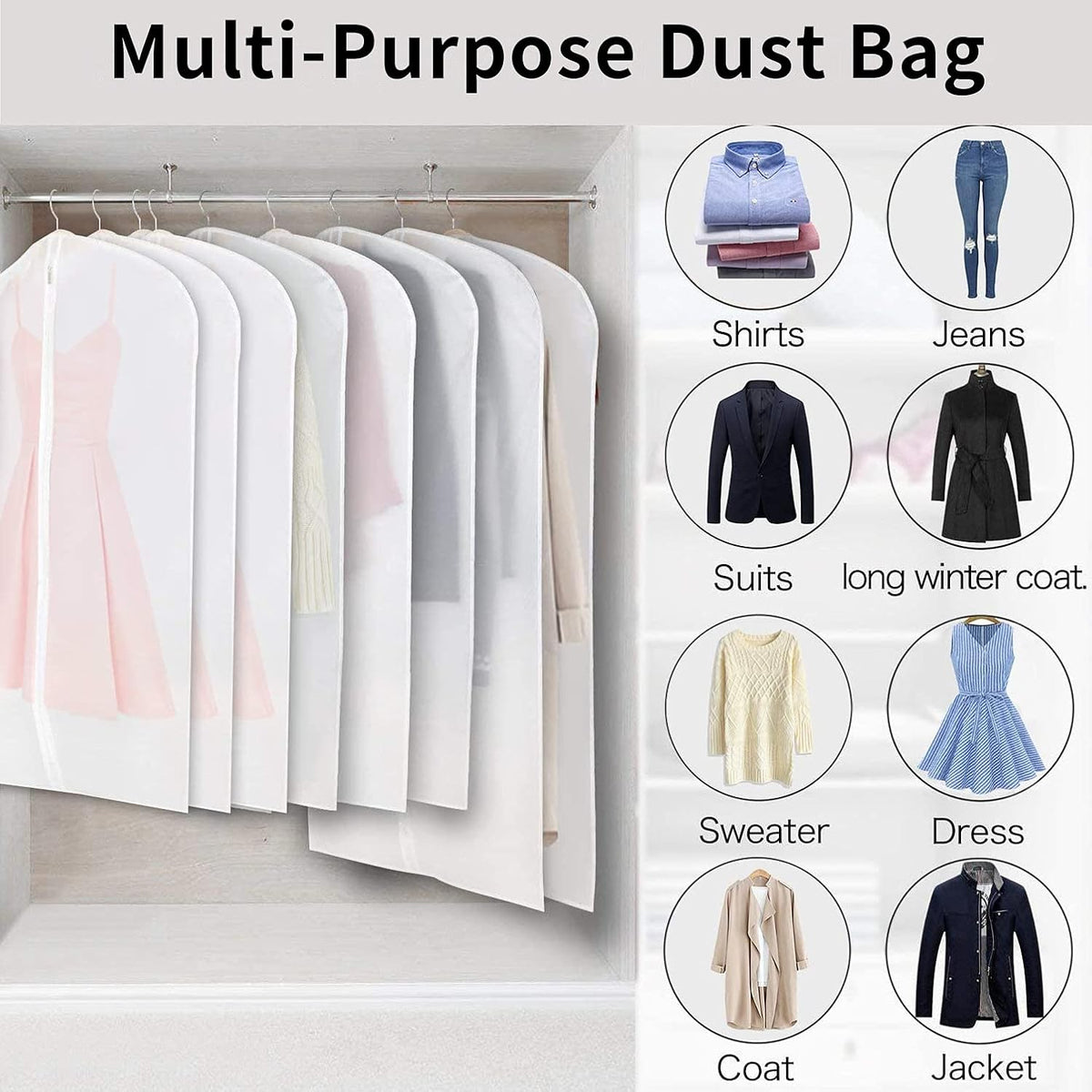 Fundas protectoras transparentes de PEVA para ropa | Cubiertas impermeables con cremallera completa | Paquete de 12 para protección contra el polvo y fácil acceso