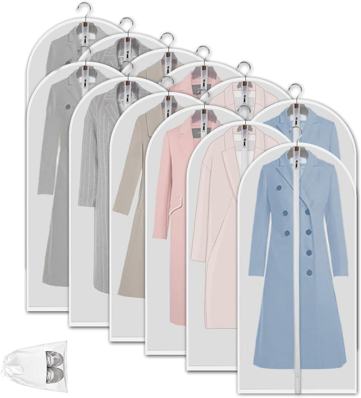 Fundas protectoras transparentes de PEVA para ropa | Cubiertas impermeables con cremallera completa | Paquete de 12 para protección contra el polvo y fácil acceso