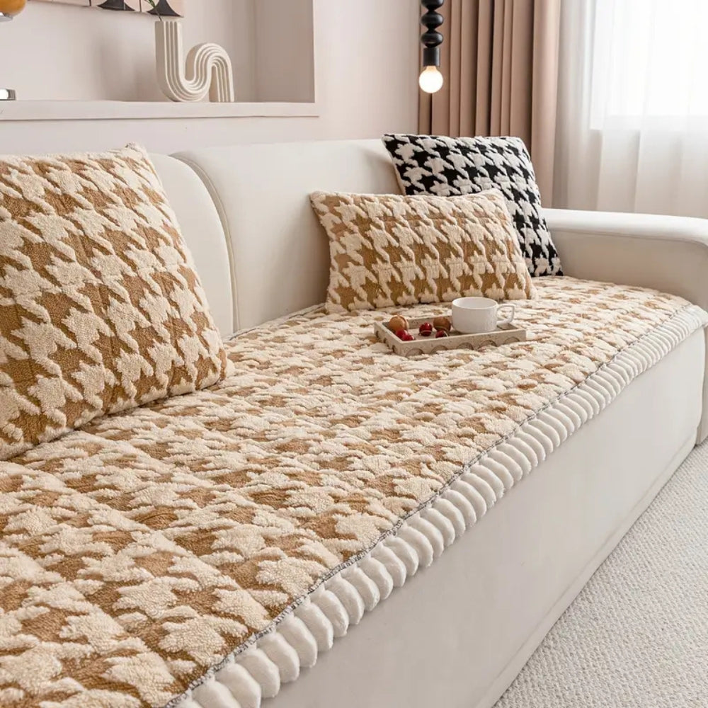 Cleeo Sofa Cover - Plush Microfiber Houndstooth with Ruffle Trim
