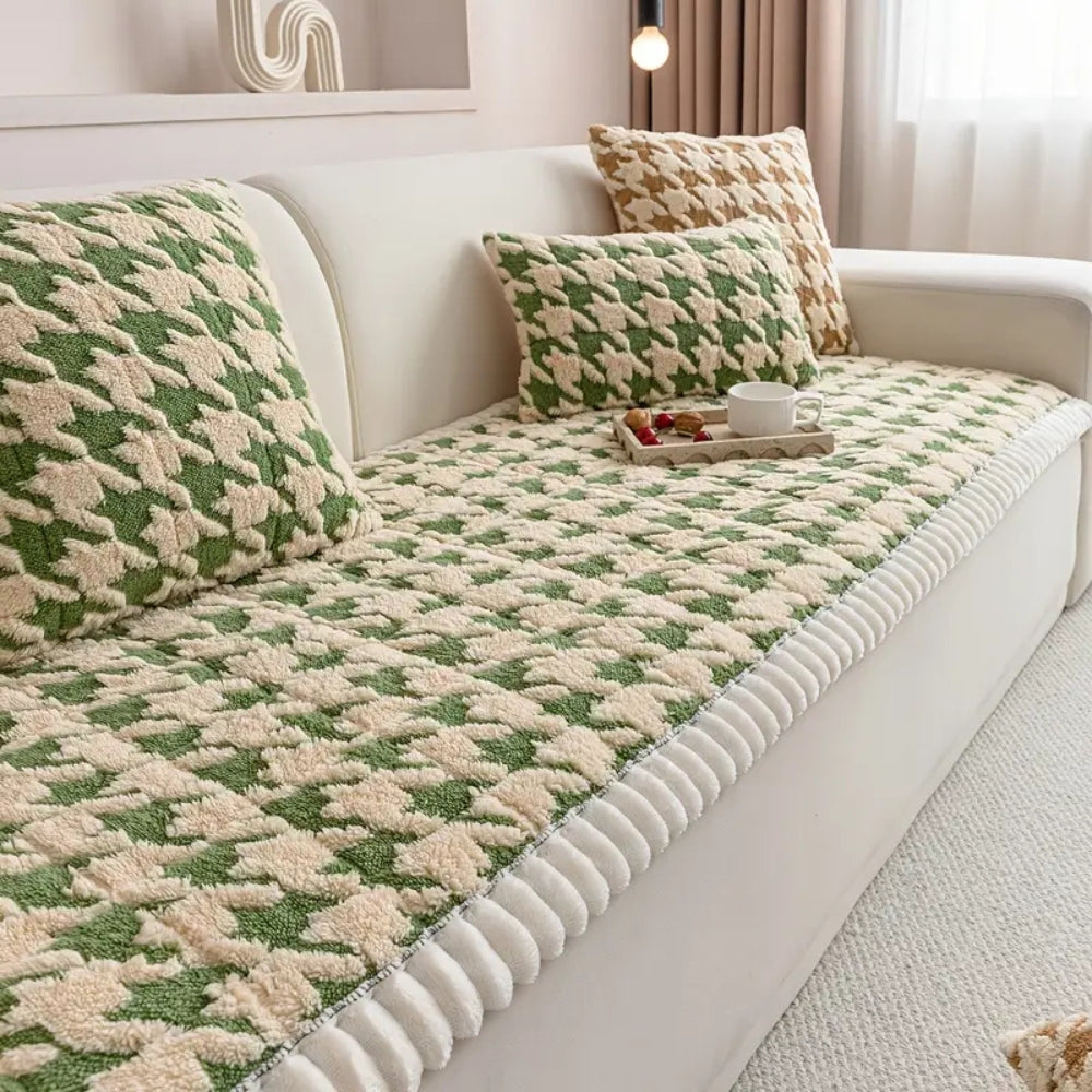 Cleeo Sofa Cover - Plush Microfiber Houndstooth with Ruffle Trim
