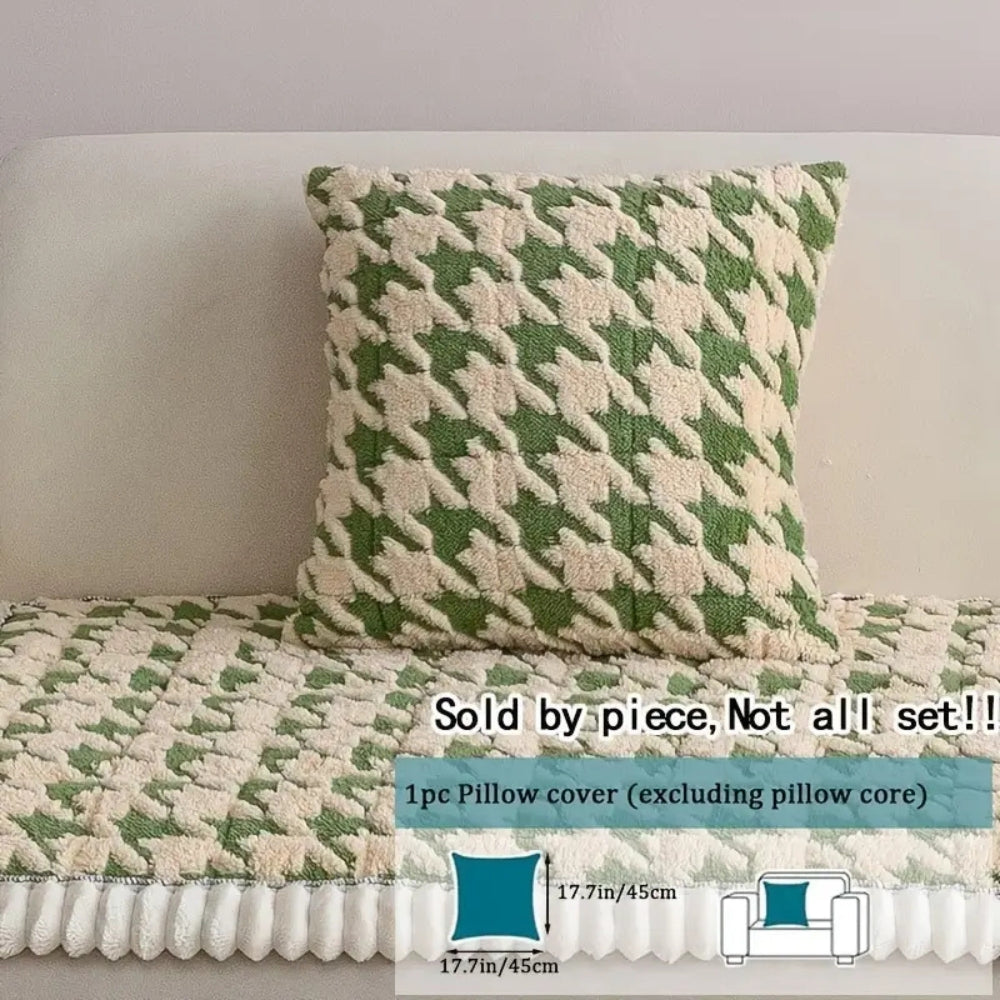 Cleeo Sofa Cover - Plush Microfiber Houndstooth with Ruffle Trim