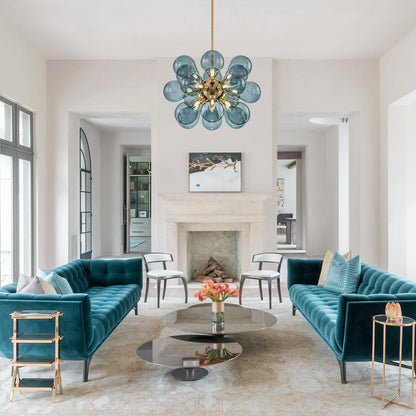 18-Light Glass Globe Ceiling Chandelier Blue Orb Sputnik Design Gold Frame Adjustable Height Hardwired for Dining Room Foyer