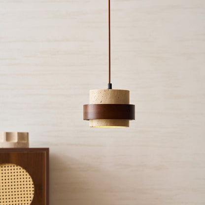 Hanging Lamp with Natural Stone Shade and Wood Trim for Dining Areas, Kitchens, and Islands – Adjustable Height Ceiling Fixture