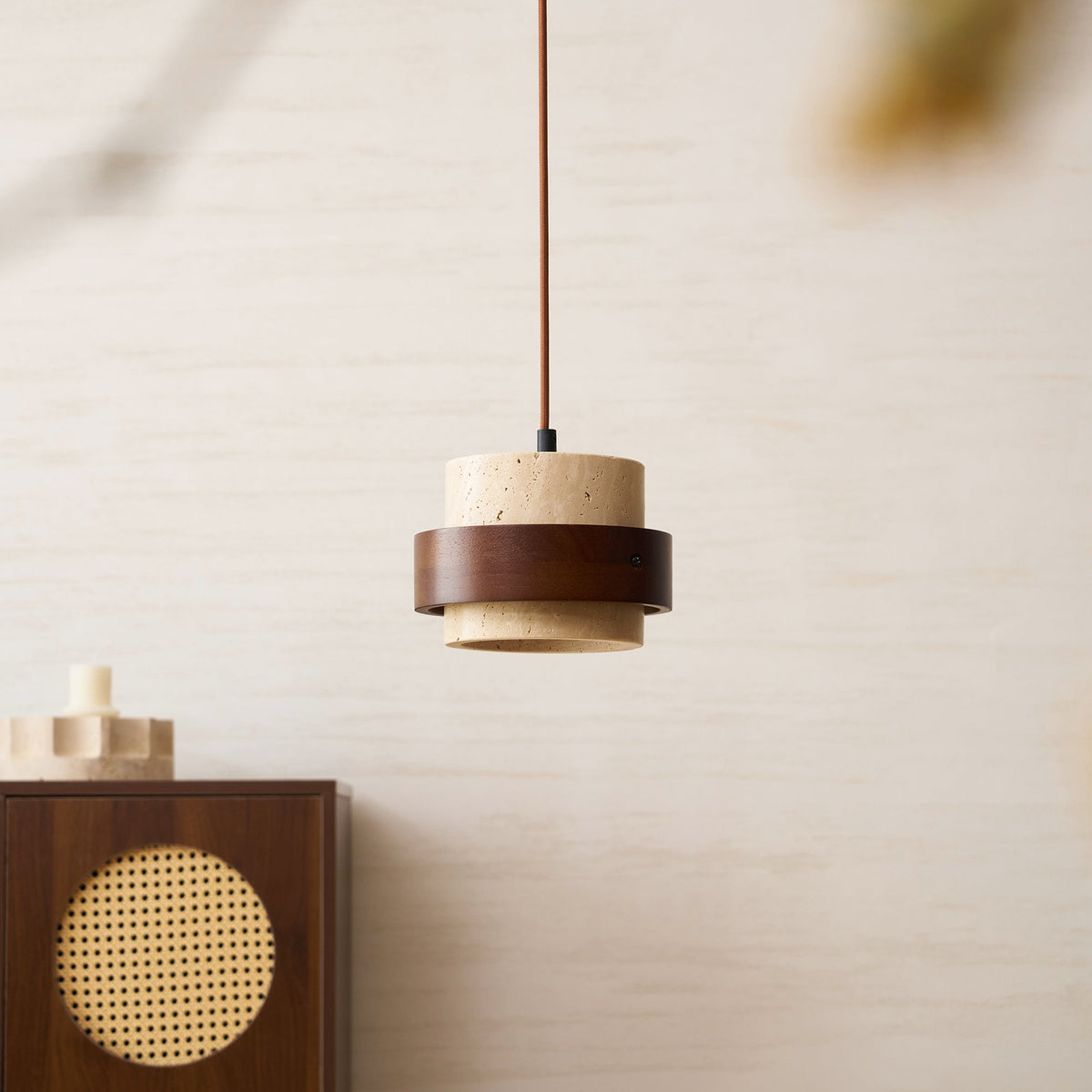 Hanging Lamp with Natural Stone Shade and Wood Trim for Dining Areas, Kitchens, and Islands – Adjustable Height Ceiling Fixture