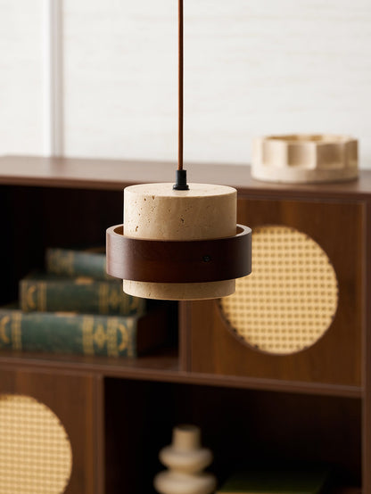 Hanging Lamp with Natural Stone Shade and Wood Trim for Dining Areas, Kitchens, and Islands – Adjustable Height Ceiling Fixture