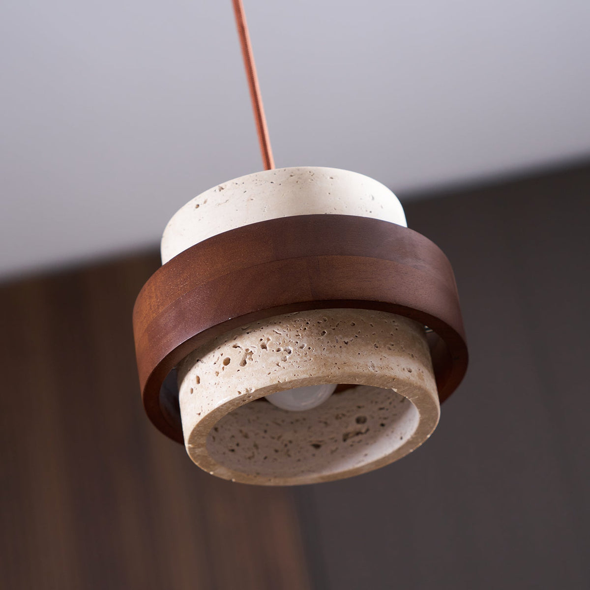 Hanging Lamp with Natural Stone Shade and Wood Trim for Dining Areas, Kitchens, and Islands – Adjustable Height Ceiling Fixture