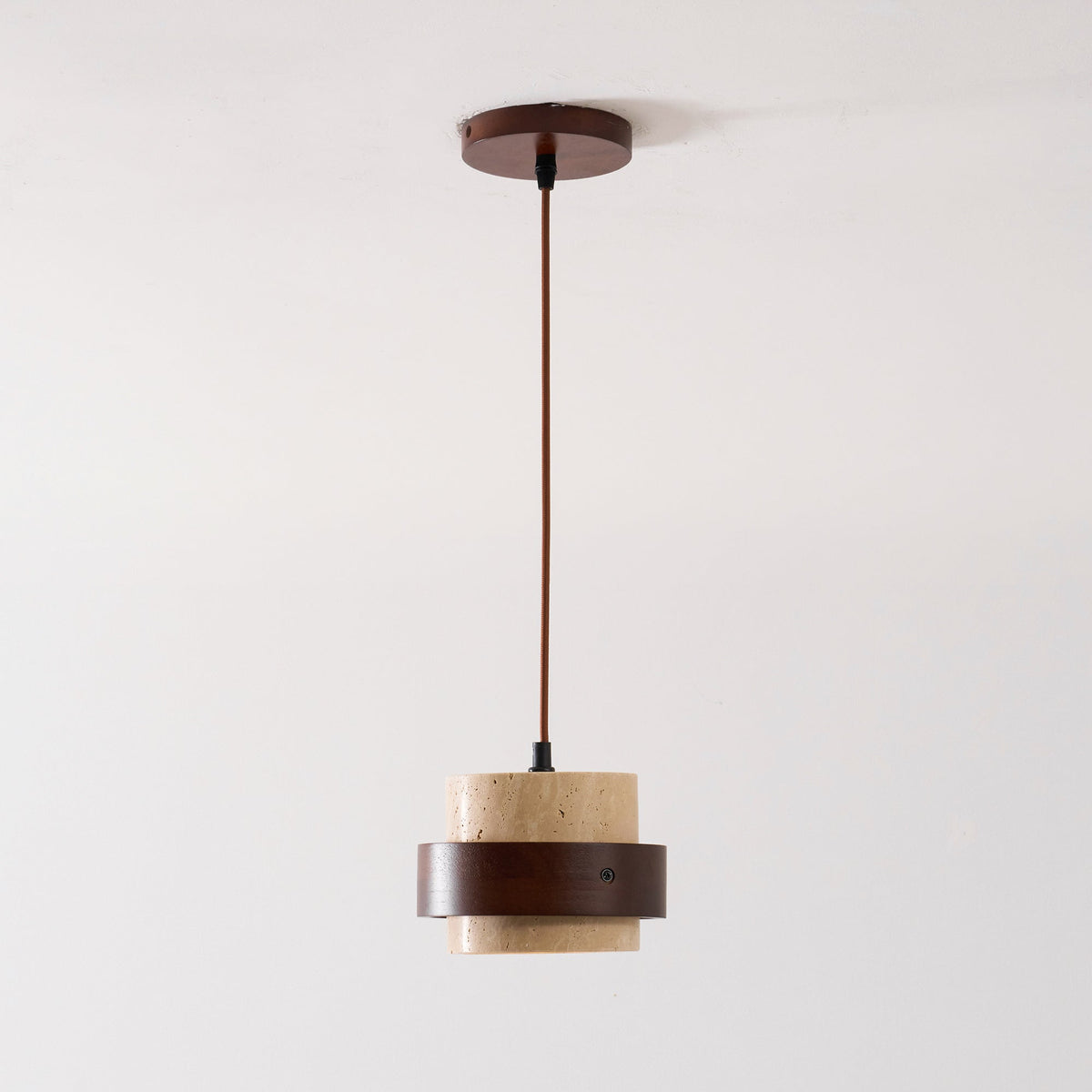 Hanging Lamp with Natural Stone Shade and Wood Trim for Dining Areas, Kitchens, and Islands – Adjustable Height Ceiling Fixture