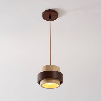 Hanging Lamp with Natural Stone Shade and Wood Trim for Dining Areas, Kitchens, and Islands – Adjustable Height Ceiling Fixture