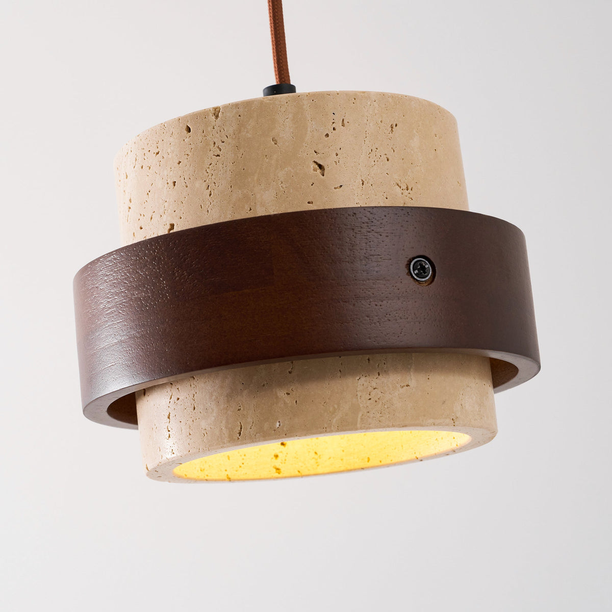 Hanging Lamp with Natural Stone Shade and Wood Trim for Dining Areas, Kitchens, and Islands – Adjustable Height Ceiling Fixture