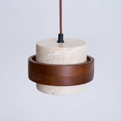 Hanging Lamp with Natural Stone Shade and Wood Trim for Dining Areas, Kitchens, and Islands – Adjustable Height Ceiling Fixture