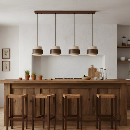 Hanging Lamp with Natural Stone Shade and Wood Trim for Dining Areas, Kitchens, and Islands – Adjustable Height Ceiling Fixture
