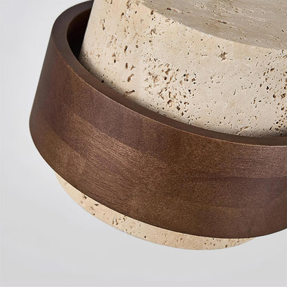 Travertine Stone Pendant Light with Walnut Wood Accent Band – Natural Cylindrical Hanging Fixture for Kitchen & Dining